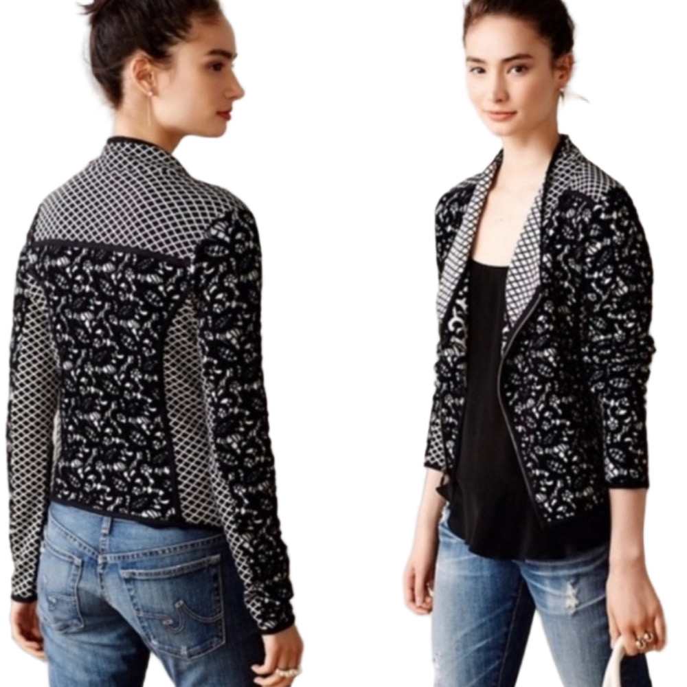 ⛵️Anthropologie  Moth Black and White Asymmetrical Moto zip Lace jacket size XS